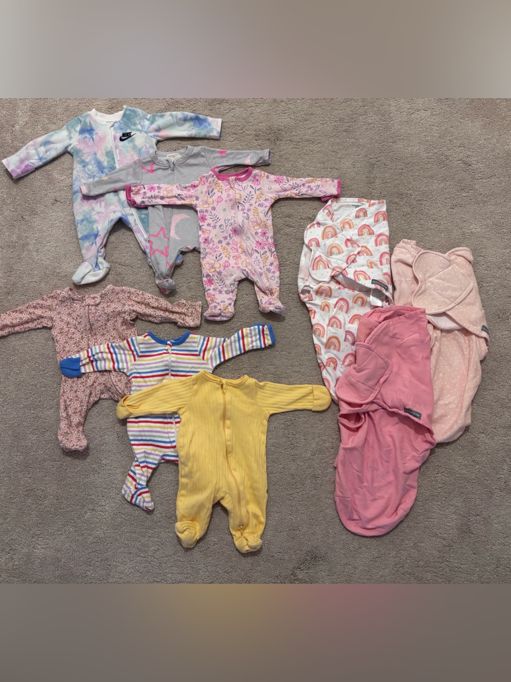 6 Mixed Baby One-Piece Sleepers & 3 Swaddles - NEW BORN
